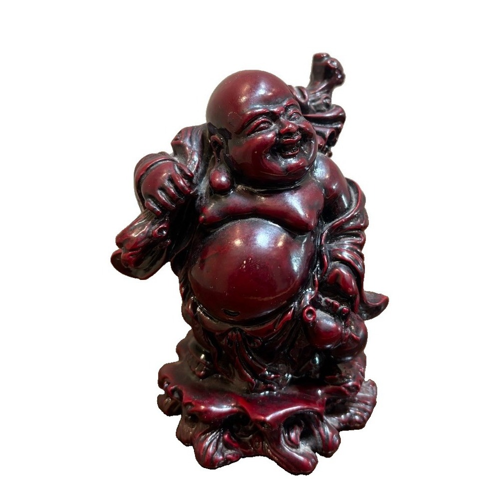 Vintage Red Cinnabar Style Resin Laughing Buddha Statue Carrying Money Bag 4.5"